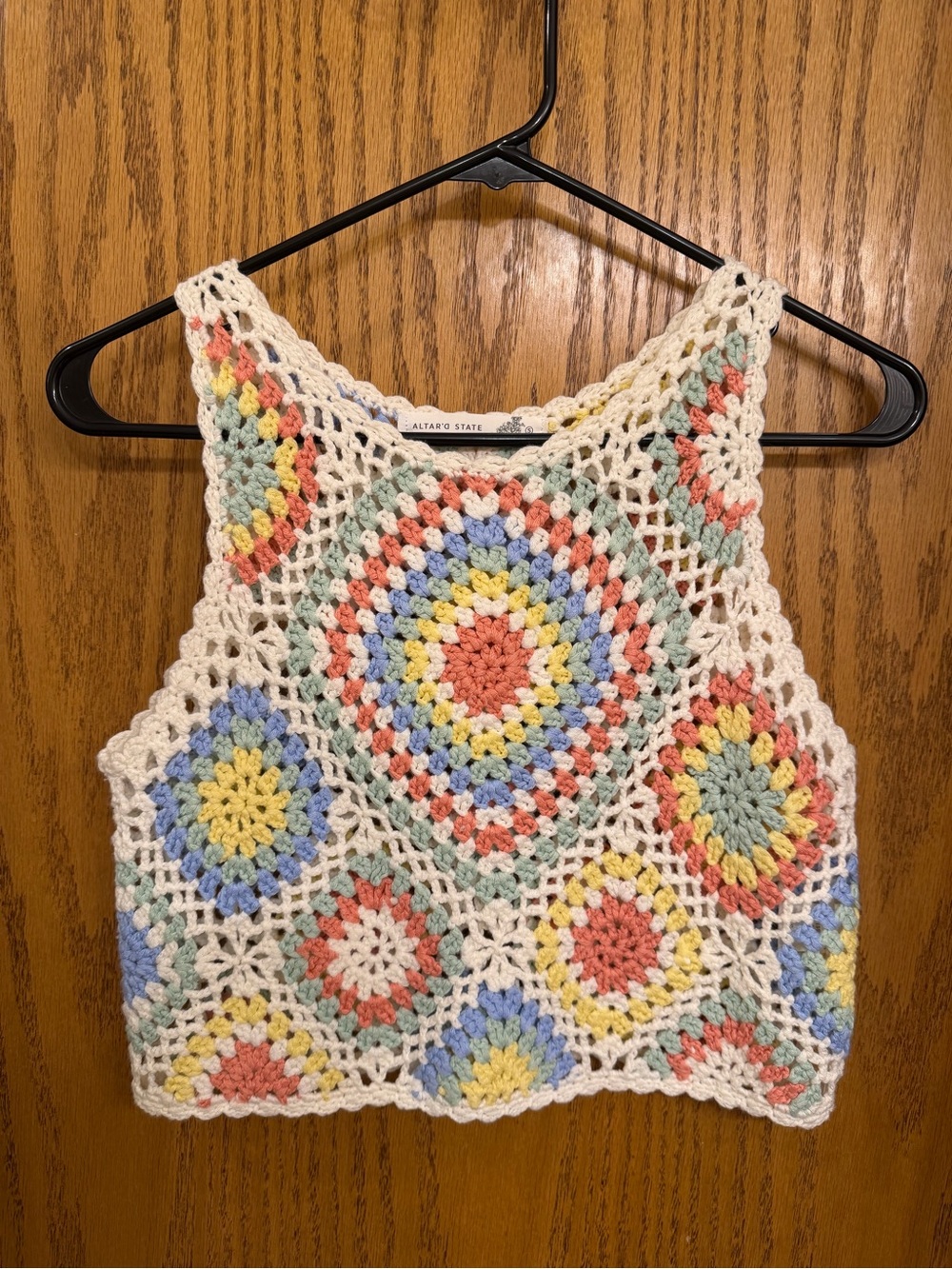 Altar'd State Cream Crochet Crop Top with Pastel Multicolor Medallions